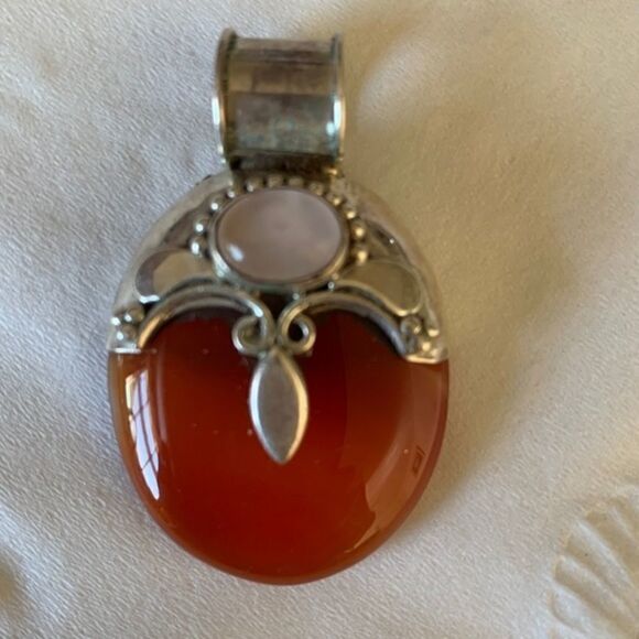 𝅺STERLING SILVER 925 VINTAGE CARNELIAN PINK QUARZ LARGE PENDANT​​ - Picture 2 of 5